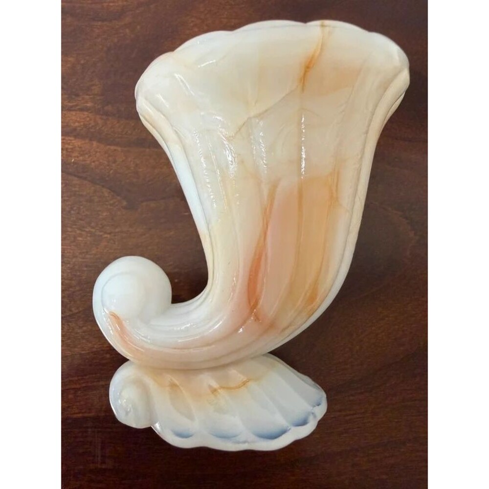 Vintage Slag Glass Cornucopia Vase | Cream Peach Swirl